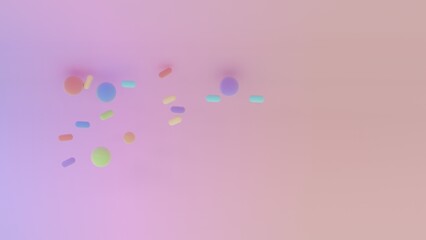Soft pastel composition with scattered capsules and spheres over a wide pink gradient background