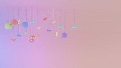Soft pastel composition with scattered spheres capsules and floating at symbol on pink gradient background