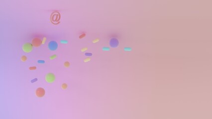Soft pastel composition with scattered spheres capsules and floating at symbol on pink gradient background