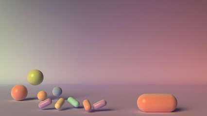 Soft pastel arrangement with scattered spheres and capsules on warm gradient background