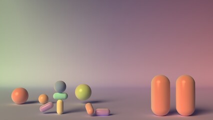 Soft pastel arrangement with scattered spheres and capsules on warm gradient background