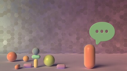 Soft pastel composition with spheres capsules and floating chat bubble against hexagonal patterned wall
