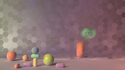 Soft pastel scene with spheres capsules and glowing chat bubble behind hexagonal textured wall