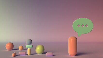 Soft pastel composition with scattered spheres capsules and floating chat bubble on warm gradient background