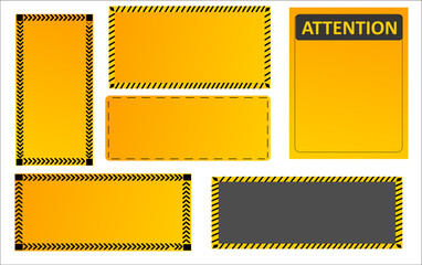 Set of yellow and black striped warning banners and attention signs; construction tape hazard frames and boxes for important notices, caution, sale promotion, under construction websites, error messag