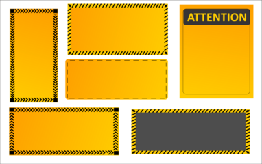 Set of yellow and black striped warning banners and attention signs; construction tape hazard frames and boxes for important notices, caution, sale promotion, under construction websites, error messag