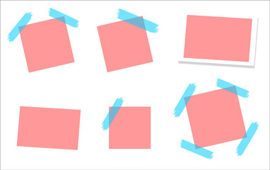  Set of pink square and rectangular sticky note vector templates with blue adhesive tape; instant photo frame mockup design elements for mood boards, reminder messages, graphic design, social media po