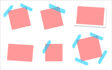  Set of pink square and rectangular sticky note vector templates with blue adhesive tape; instant photo frame mockup design elements for mood boards, reminder messages, graphic design, social media po