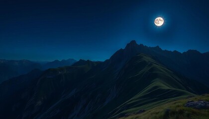 Majestic summer mountain ridge at night, illuminated by a full moon, with steep grassy slopes under a dark, clear sky High-altitude scenic view,  full moon,  steep