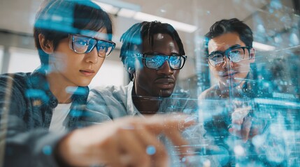 Digital Collaboration: A team of skilled experts collaborates, immersed in a futuristic digital interface, pushing the boundaries of technology and innovation. 