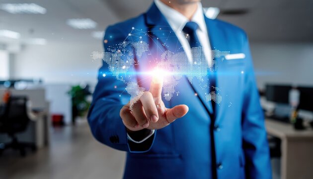 A businessman in a blue suit interacts with a digital interface, touching a glowing point with his index finger.