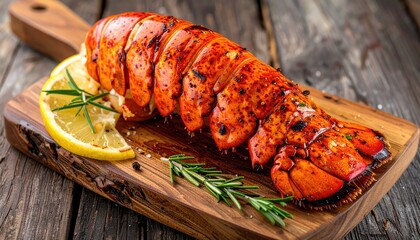 A mouthwatering close-up of a grilled lobster tail with lemon and rosemary on wooden plate. The lobster is perfectly cooked and ready to be enjoyed
