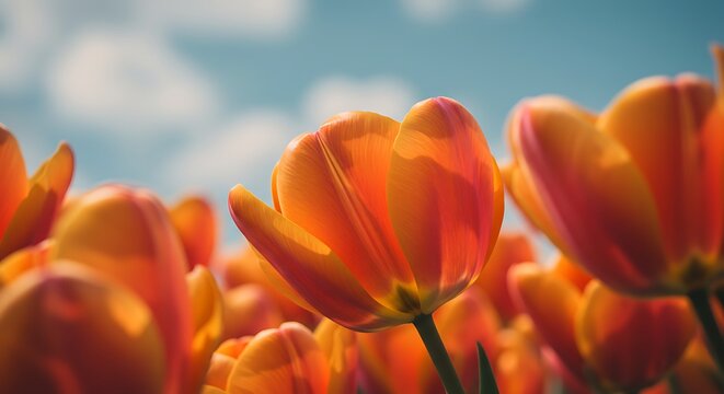 Close up of vibrant orange tulips blooming under a bright blue sky - Powered by Adobe