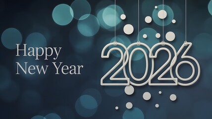 Elegant Happy New Year 2026 greeting design with white numbers and hanging ornaments on blue bokeh background for holiday celebration and winter season