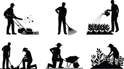 Set of gardening silhouettes, landscaping workers mowing lawn, watering plants, and digging soil, isolated vector collection. © parves's world