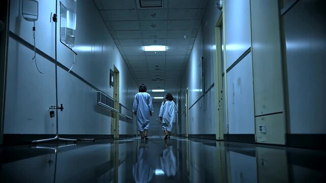 Eerie hospital corridor scene featuring patients walking slowly in a dark setting for horror themes