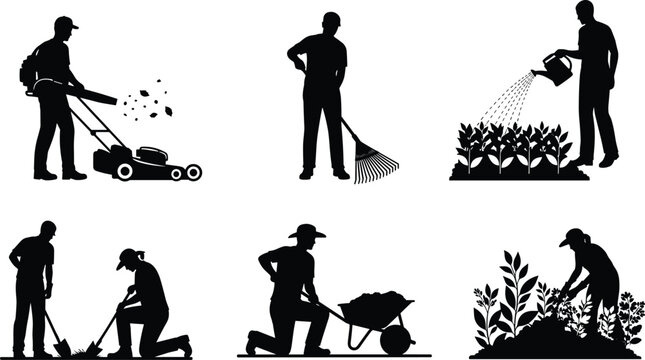 Set of gardening silhouettes, landscaping workers mowing lawn, watering plants, and digging soil, isolated vector collection.