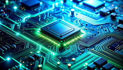Fototapeta premium Macro close-up of a computer circuit board with microchip details, glowing traces, and futuristic electronic patterns in a high-tech abstract background.