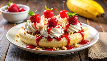 Delicious banana split with fresh toppings, a visual treat for dessert lovers