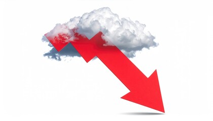Red arrow pointing downward in front of the white fluffy cloud, symbolic of downward trend or recession