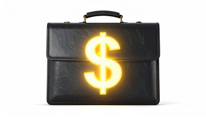 A black briefcase with a glowing dollar sign representing financial success and business wealth. The briefcase is a symbol of professional work