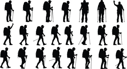 Trekking hikers and mountain climbers silhouette set, diverse male travelers walking with large backpacks and poles,