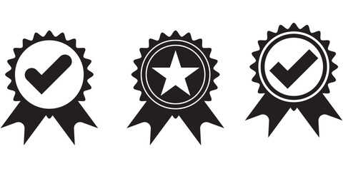 outline silhouette badge with ribbon icon set. Variety of certified and approved badge icons. A set of quality and verification symbols. Vector illustration isolated on white background. Star & Tick.
