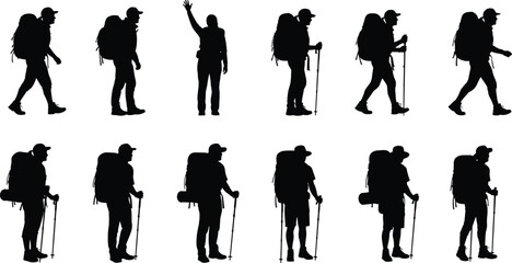 Trekking hikers and travelers silhouette set, diverse people walking with backpacks and poles, outdoor adventure tourism vector collection, isolated on white.