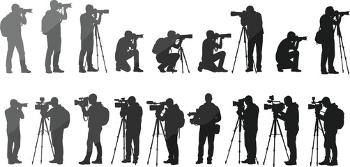 Professional photographers and videographers silhouette set, diverse camera operators with tripods and gear, media production crew vector collection, isolated on white.