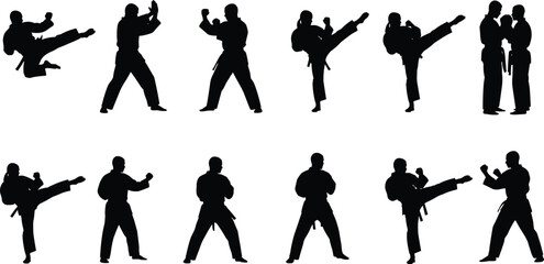 Karate fighters silhouette set, diverse male and female martial artists performing high kicks, combat sport training vector collection, isolated on white.