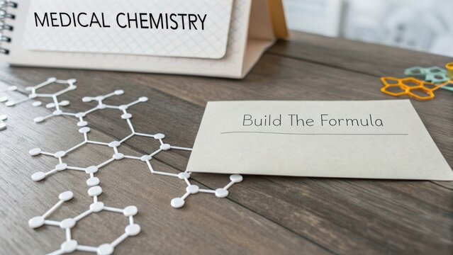 Desk Setup with Medical Chemistry Theme, Featuring Molecular Structures and Instruction Card for Building Formulas