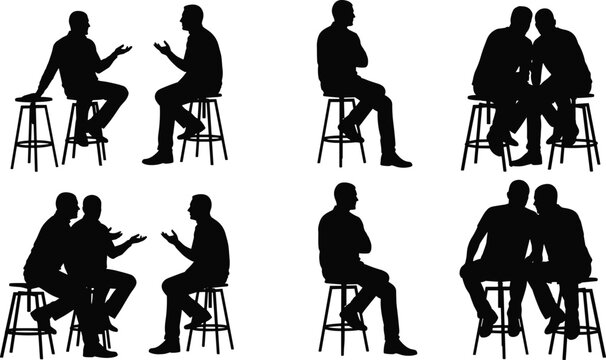 People sitting on bar stools silhouette collection, diverse men talking and listening in discussion, informal meeting or conversation vector, isolated on white.