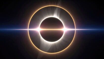 A stunning depiction of a solar eclipse in the night sky, showcasing the sun's corona around a dark circular body. The scene is illuminated by the solar flares creating a breathtaking sight