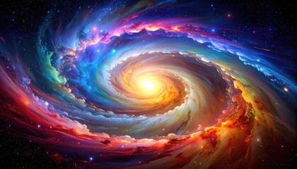 A vibrant depiction of a swirling galaxy, filled with brilliant colors and radiant energy