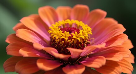 Fototapeta premium Close up of vibrant orange zinnia flower with yellow center in sunlight