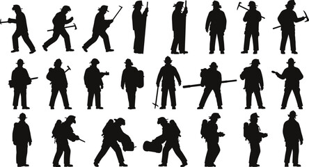 Firefighter silhouettes set, emergency rescue workers wearing protective gear, helmets, and holding tools for safety and fire protection.