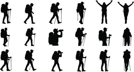 Large set of adventure hiker silhouettes, celebrating and walking with large backpacks, poles, and camera for outdoor travel and success.