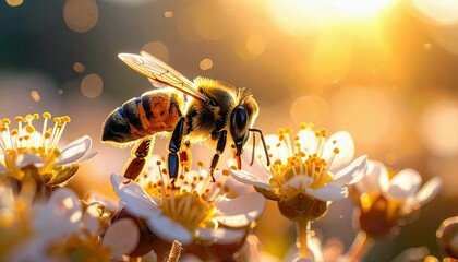 A honeybee is shown in sharp focus, gathering nectar from a delicate white flower, bathed in the warm glow of sunlight.