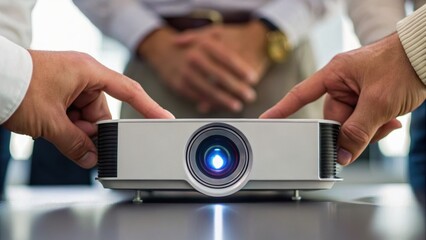 Two hands adjust a projector while a person stands in the background, highlighting collaborative technology in a meeting setting.