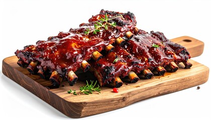 Close-up shot of juicy barbecue ribs served on a wooden cutting board