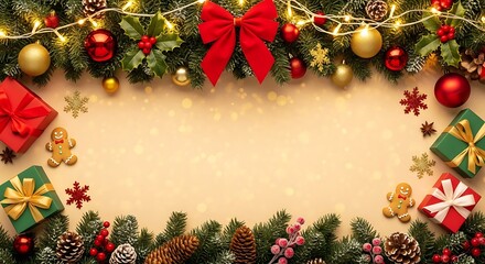 Festive christmas garland frame with gifts and lights