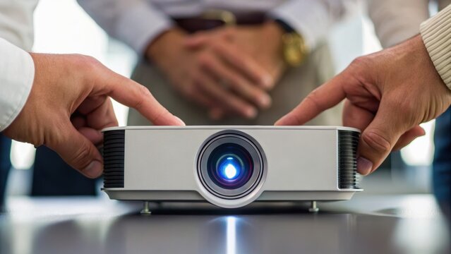 Two hands adjust a projector while a person stands in the background, highlighting collaborative technology in a meeting setting.