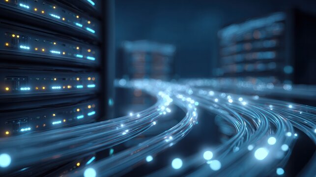 Data Stream Highway: A futuristic scene showcasing a network of glowing fiber optic cables transporting data to a data center, symbolizing the backbone of modern technology and global connectivity.