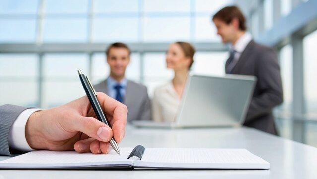 A hand writing notes in a notebook with two business people in the background, suggesting a professional meeting or discussion setting. - Powered by Adobe