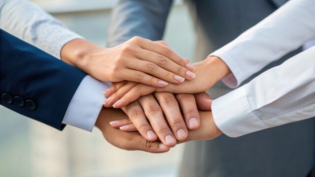 Multiple hands of diverse individuals stacked together, symbolizing teamwork and collaboration in a professional setting.