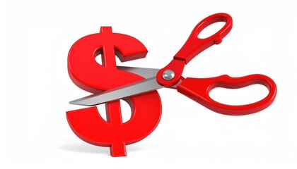 Scissors cutting through a dollar sign, symbolizing cost reduction or financial cuts. The scissors are red, creating a bold contrast.