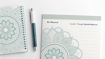 Inspirational notebook and notepad with mandala design on a clean workspace promoting mindfulness and personal growth