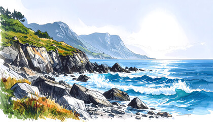 Coastal Landscape Illustration with Waves and Cliffs