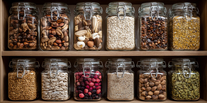 Pantry perfection, stylish glass jars filled with nuts, seeds, oats, and grains create a vibrant, organized, and healthy food storage solution