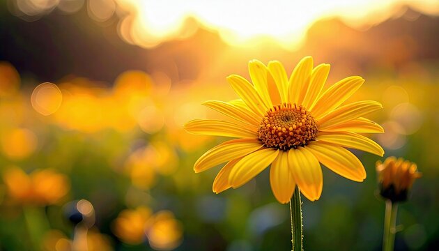 A bright yellow daisy is in sharp focus in the foreground, with a blurred background of a sun-drenched field and bokeh lights.